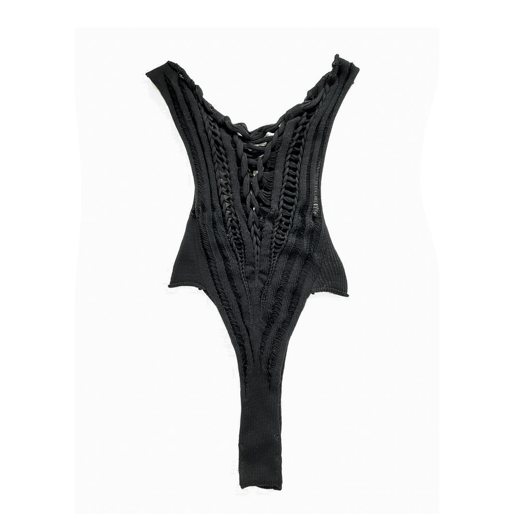 Black lace bodysuit on a white background